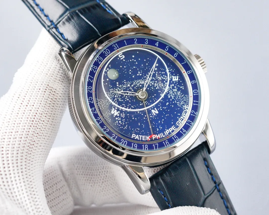【High-end replica】💰1720! Patek Philippe - The Starry Sky Upgrade Ultimate Edition upgrades the Galaxy 6102 and 6104 super complication series‼ ️Geneva Sky Series Can you imagine wearing the starry sky on your wrist? This starry sky watch has a unique astrological function. You can enjoy the Geneva sky map on the blue round dial, as well as the golden moon trajectory. It lasts for 20 months. It adopts a pearl rotor modified from Japan's Citizen 8215. It has the same movement as the original one. The moon on the dial will automatically change according to the full moon, full moon, eclipse and curvature of the moon in the sky. The sapphire glass on the front and rear of the case is treated with advanced technology to increase the refracted light of the glass, making the dial look more transparent. It does not seem to have the feeling of glass. The back cover and glass also use the same concave shape as the original product, breaking the traditional parallelism between the back cover and the glass of the watch🔥Top product, continuous high-quality products🔥